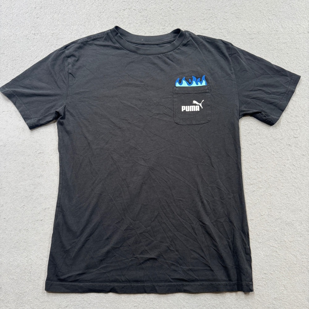 Puma T-Shirt Men's Large Black Flame Graphic Logo Short Sleeve Cotton Streetwear